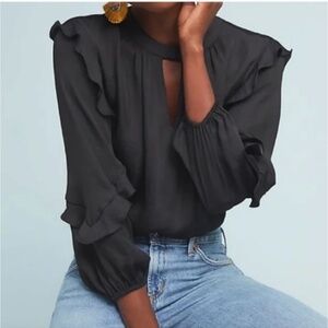 Anthropologie Dolan Araminta Ruffled Keyhole Black Blouse Size XS
